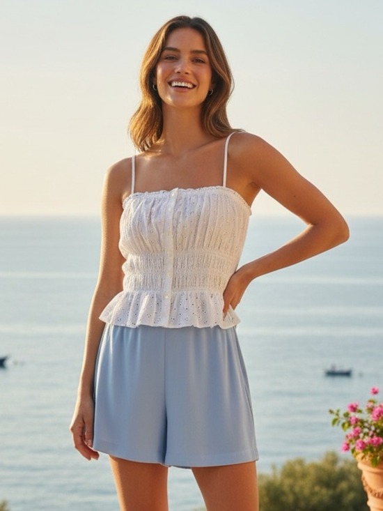 LOFT Tops - LOFT White Eyelet Button Down Smocked Peplum Cami Top Sz M Cottagecore Aesthetic